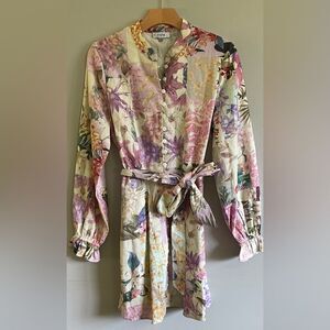 Fate Floral Linen/Cotton Long Sleeve Balloon Sleeves Dress Size Medium